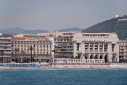 Le Royal and the Palais de la Mediterranee on the Promenade des Anglais with beach in front from the sea