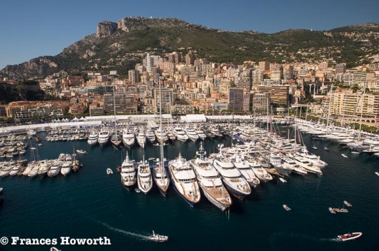 View of the Monaco Yacht show from the mizzen mast aboard Athene
