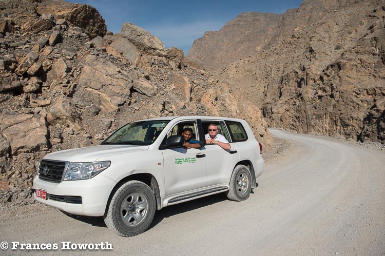 Abilash Thomas and Michael in Khasab tours car on inland road from Khasab