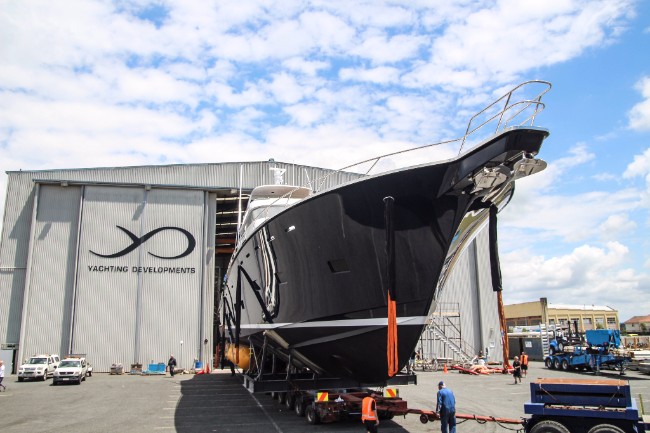Hull 1015 emerges from the Yachting Developments shed. Image: Paige Cook